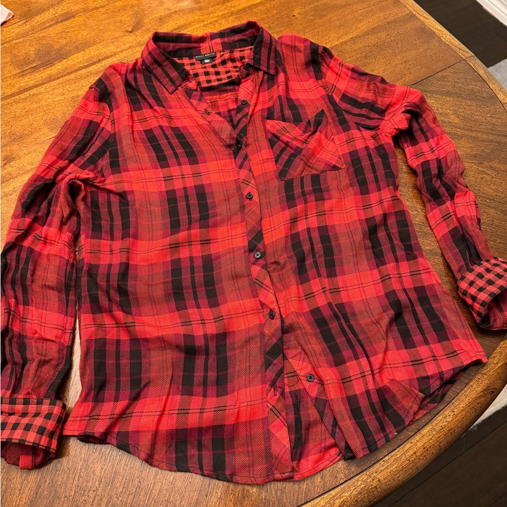 Lightweight red plaid button down top
